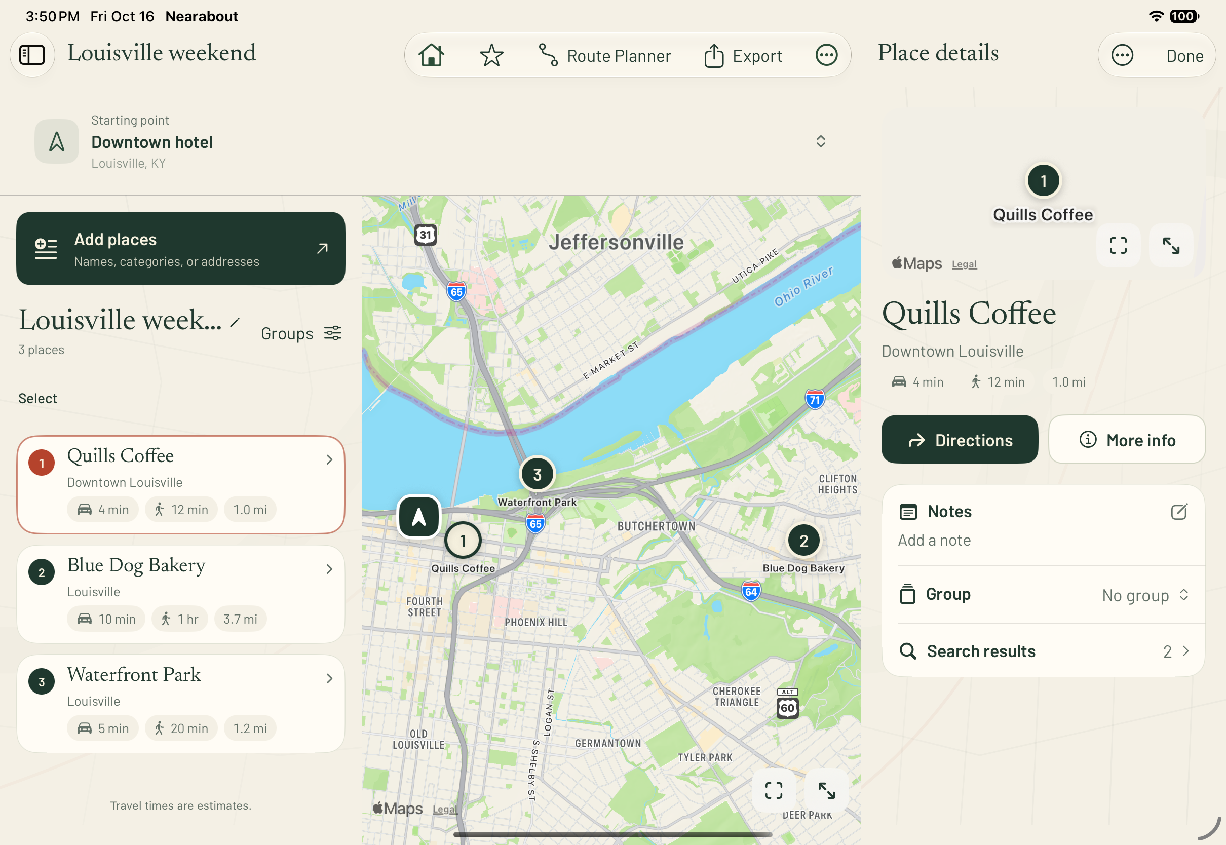 Nearabout on iPad showing a list, map, and details for Quills Coffee.
